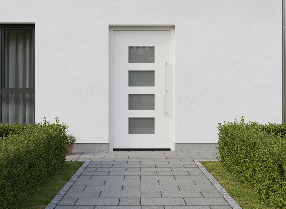 Haustür weiß aus Kunststoff mit vier mattierten Glaseinsätzen und langem Edelstahlgriff an moderner Fassade
