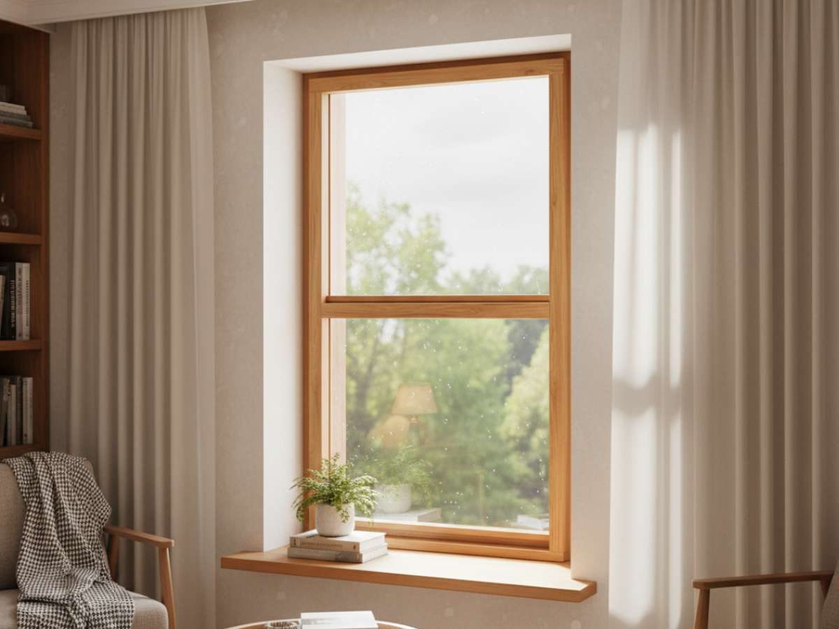 Holzfenster hellbraun, aus Holz, zweigeteilt mit mittlerem Steg, Fensterbank mit Pflanze und Vorhängen, Blick ins Grüne