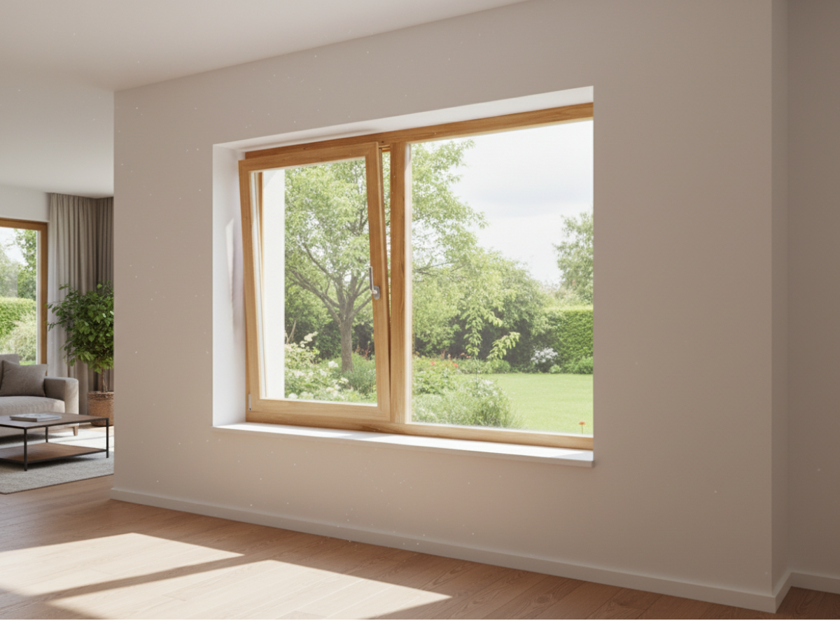 Holzfenster hellbraun aus Holz, einflügelig geöffnet mit großer Glasfläche und Gartenblick