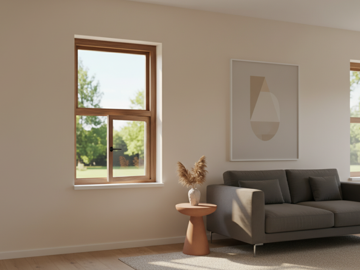 Holz-Dreh-Kipp-Fenster mit festverglastem Oberlicht im wohnzimmer