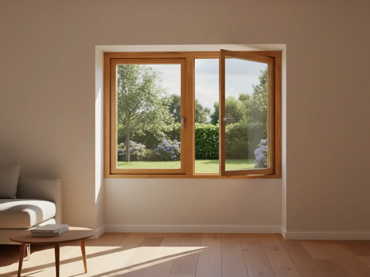 Holzfenster in hellbraunem Holz, zweiflügelig mit einem geöffneten Flügel und Blick in den Garten