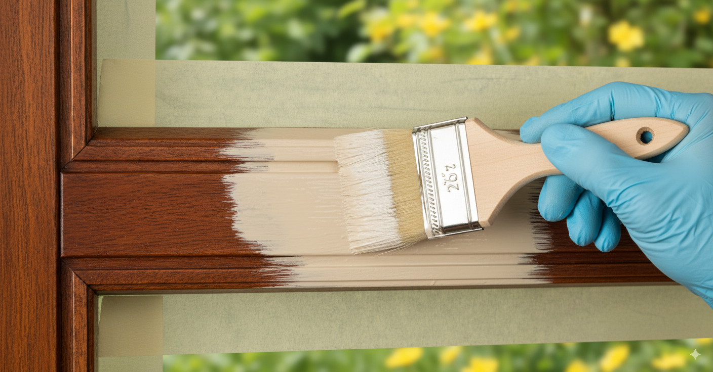 Holzfensterrahmen wird mit einem Pinsel neu gestrichen und renoviert